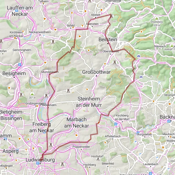 Karten-Miniaturansicht der Radinspiration "Graveltour Ludwigsburg-Höhenmeter und Natur" in Stuttgart, Germany. Erstellt vom Tarmacs.app-Routenplaner für Radtouren