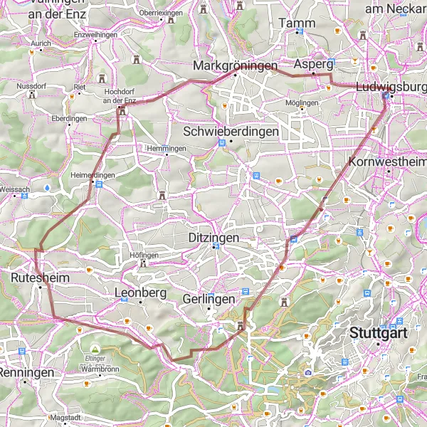 Map miniature of "Gravel Route - Beautiful Landscapes near Ludwigsburg" cycling inspiration in Stuttgart, Germany. Generated by Tarmacs.app cycling route planner