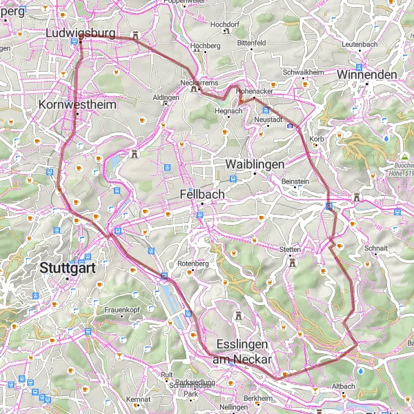 Map miniature of "Gravel Route from Ludwigsburg" cycling inspiration in Stuttgart, Germany. Generated by Tarmacs.app cycling route planner