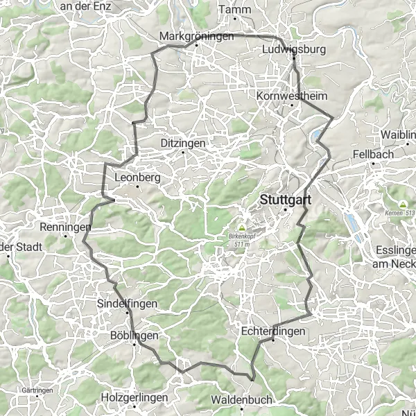 Map miniature of "Ludwigsburg Highlights" cycling inspiration in Stuttgart, Germany. Generated by Tarmacs.app cycling route planner
