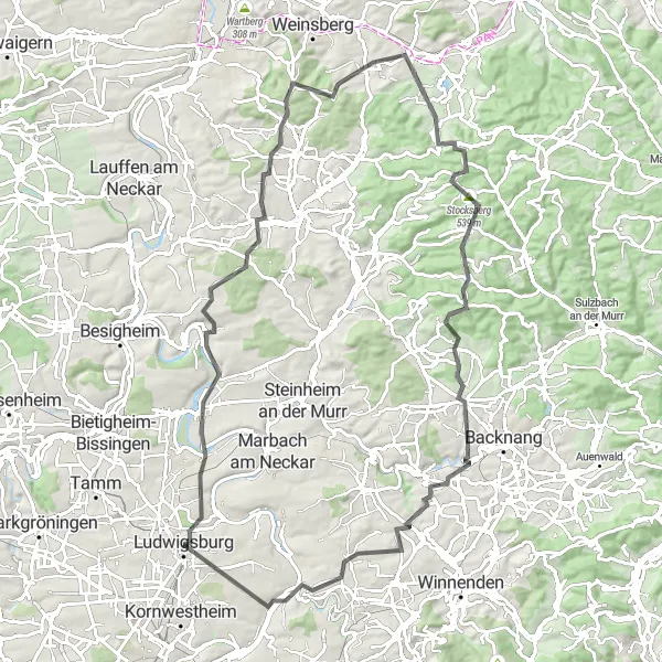 Map miniature of "The Road Warrior" cycling inspiration in Stuttgart, Germany. Generated by Tarmacs.app cycling route planner