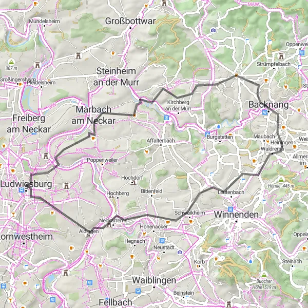 Map miniature of "Marbach Circuit" cycling inspiration in Stuttgart, Germany. Generated by Tarmacs.app cycling route planner