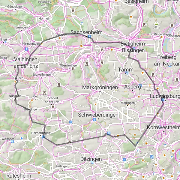 Map miniature of "Road Route - Villages and Castles near Ludwigsburg" cycling inspiration in Stuttgart, Germany. Generated by Tarmacs.app cycling route planner