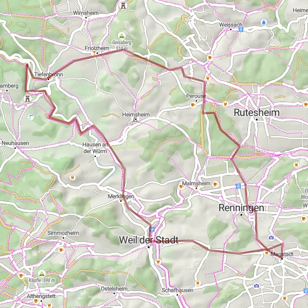 Map miniature of "Nature and Tranquility on Gravel" cycling inspiration in Stuttgart, Germany. Generated by Tarmacs.app cycling route planner