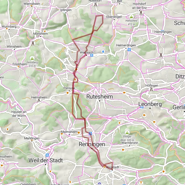 Map miniature of "Renningen Adventure" cycling inspiration in Stuttgart, Germany. Generated by Tarmacs.app cycling route planner