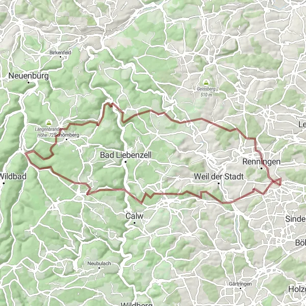 Karten-Miniaturansicht der Radinspiration "Höhenrücken von Ostelsheim" in Stuttgart, Germany. Erstellt vom Tarmacs.app-Routenplaner für Radtouren