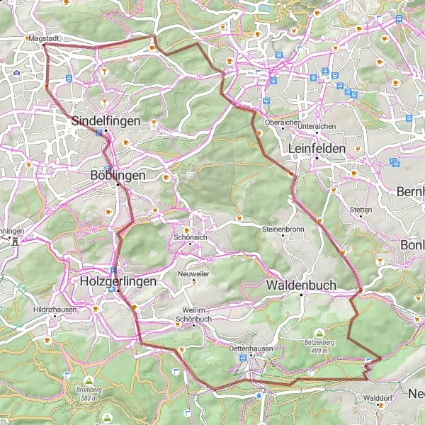 Map miniature of "Adventures in Gravel" cycling inspiration in Stuttgart, Germany. Generated by Tarmacs.app cycling route planner