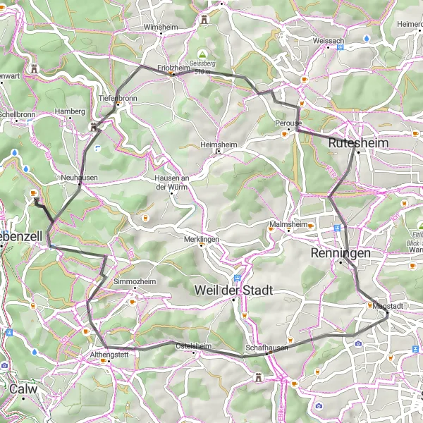 Map miniature of "Althengstett and Tiefenbronn Ride" cycling inspiration in Stuttgart, Germany. Generated by Tarmacs.app cycling route planner