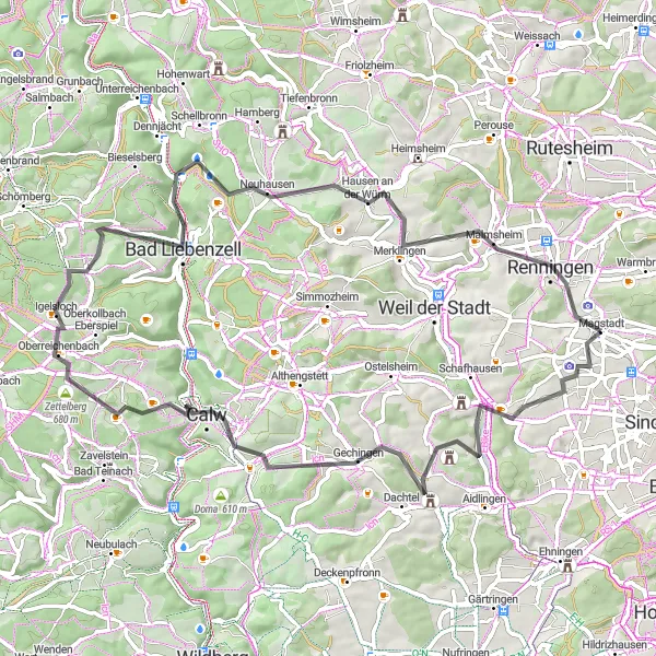 Map miniature of "Deufringen and Bad Liebenzell Route" cycling inspiration in Stuttgart, Germany. Generated by Tarmacs.app cycling route planner