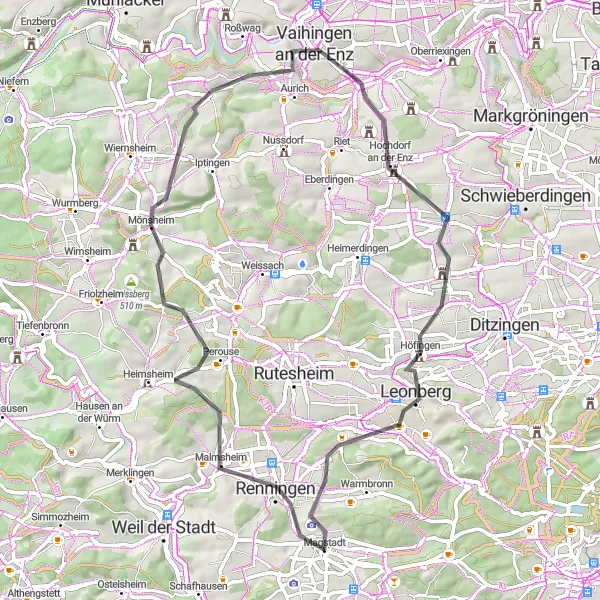 Map miniature of "Traversing Enchanting Landscapes" cycling inspiration in Stuttgart, Germany. Generated by Tarmacs.app cycling route planner