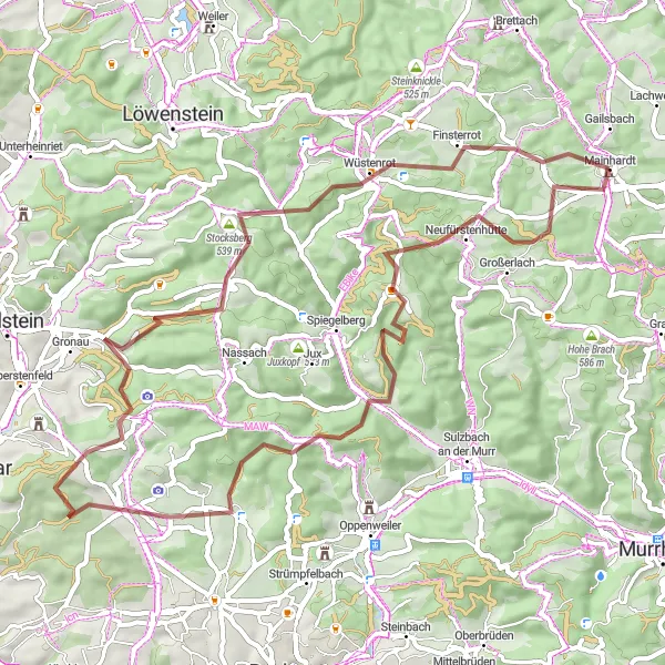 Karten-Miniaturansicht der Radinspiration "Gravel-Tour durch die Natur rund um Mainhardt" in Stuttgart, Germany. Erstellt vom Tarmacs.app-Routenplaner für Radtouren