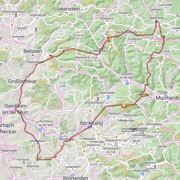 Karten-Miniaturansicht der Radinspiration "Panoramafahrt durch Backnang und Großerlach" in Stuttgart, Germany. Erstellt vom Tarmacs.app-Routenplaner für Radtouren
