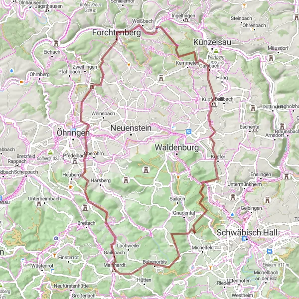 Map miniature of "Picturesque Gravel Experience in Niedernhall" cycling inspiration in Stuttgart, Germany. Generated by Tarmacs.app cycling route planner