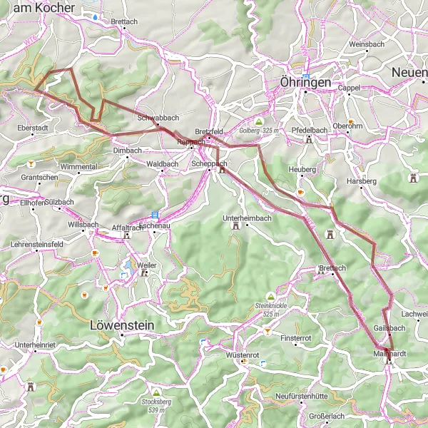 Map miniature of "Maienfels Gravel Adventure" cycling inspiration in Stuttgart, Germany. Generated by Tarmacs.app cycling route planner