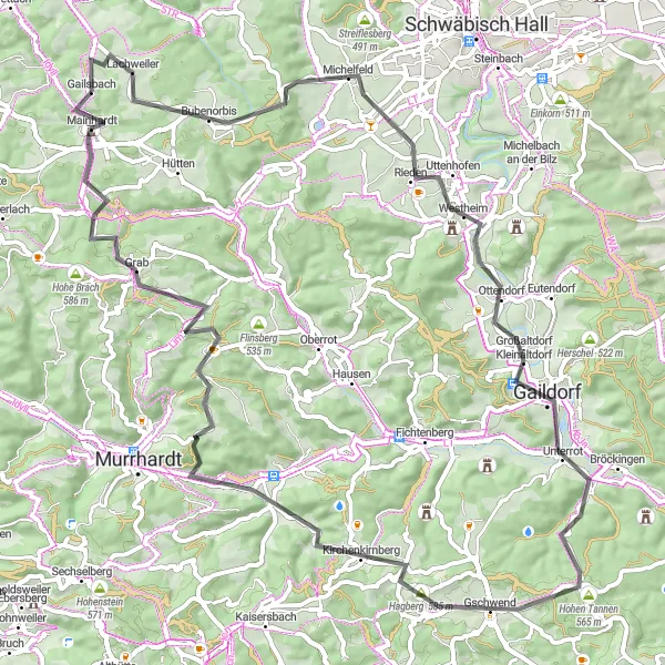 Map miniature of "Mainhardt Round-Trip Road Cycling Route" cycling inspiration in Stuttgart, Germany. Generated by Tarmacs.app cycling route planner