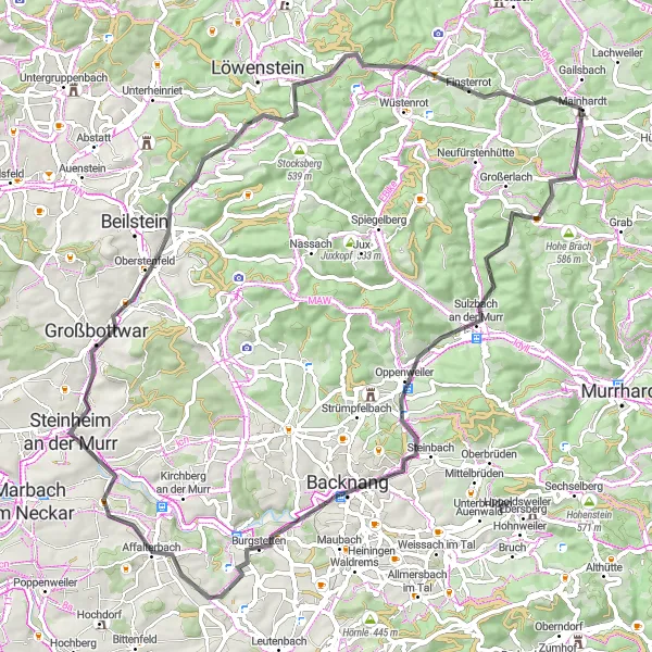 Map miniature of "Challenging Backnang Road Circuit" cycling inspiration in Stuttgart, Germany. Generated by Tarmacs.app cycling route planner