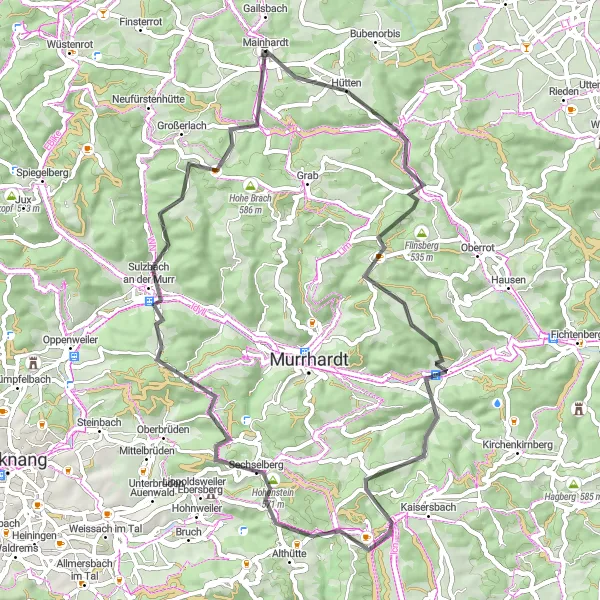 Map miniature of "Discover Mainhardt's Scenic Roadways" cycling inspiration in Stuttgart, Germany. Generated by Tarmacs.app cycling route planner