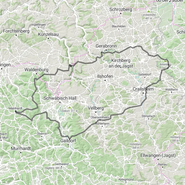Map miniature of "Legendary Hills and Scenic landscapes of Mainhardt" cycling inspiration in Stuttgart, Germany. Generated by Tarmacs.app cycling route planner