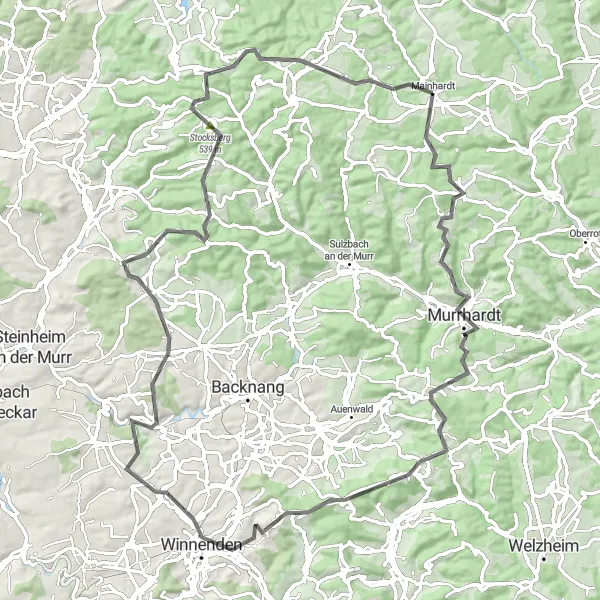 Map miniature of "Majestic Murrhardt Road Trip" cycling inspiration in Stuttgart, Germany. Generated by Tarmacs.app cycling route planner