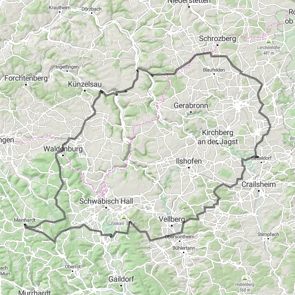 Map miniature of "Mainhardt Road Adventure" cycling inspiration in Stuttgart, Germany. Generated by Tarmacs.app cycling route planner