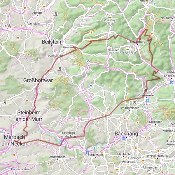 Karten-Miniaturansicht der Radinspiration "Gravel Abenteuer um Marbach" in Stuttgart, Germany. Erstellt vom Tarmacs.app-Routenplaner für Radtouren