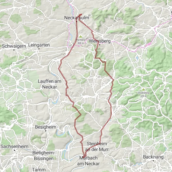 Map miniature of "The Neckar Valley Gravel Loop" cycling inspiration in Stuttgart, Germany. Generated by Tarmacs.app cycling route planner