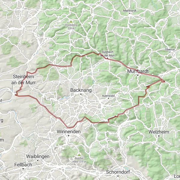 Map miniature of "Gravel Challenge in the Murr Valley" cycling inspiration in Stuttgart, Germany. Generated by Tarmacs.app cycling route planner