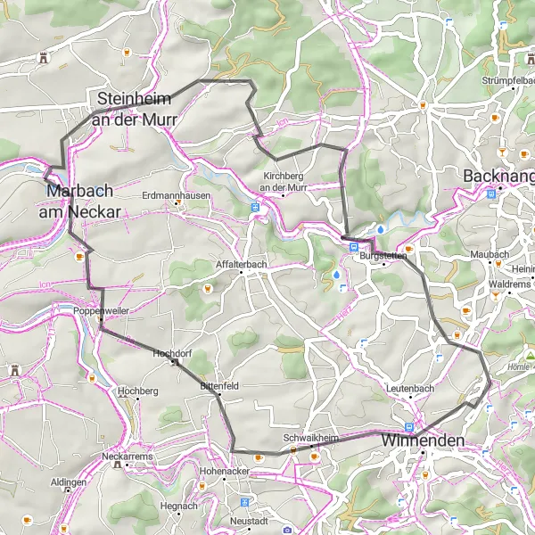 Map miniature of "Enchanting Marbach Road Loop" cycling inspiration in Stuttgart, Germany. Generated by Tarmacs.app cycling route planner