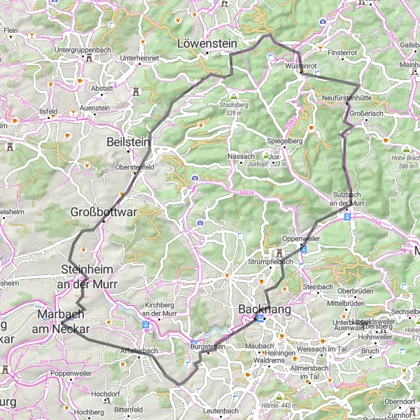 Map miniature of "Marbach Vineyards Circuit" cycling inspiration in Stuttgart, Germany. Generated by Tarmacs.app cycling route planner