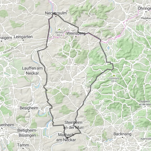 Map miniature of "Road Cycling in the Enchanting Neckar Region" cycling inspiration in Stuttgart, Germany. Generated by Tarmacs.app cycling route planner