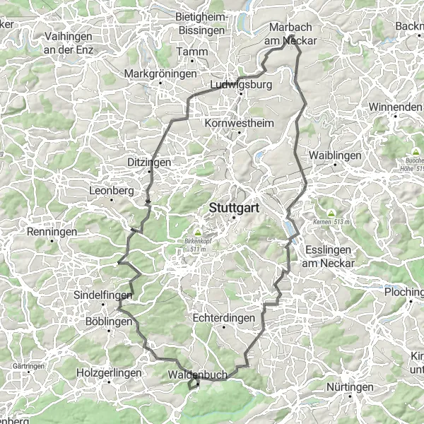 Map miniature of "Legendary Hills and Castles Circuit" cycling inspiration in Stuttgart, Germany. Generated by Tarmacs.app cycling route planner