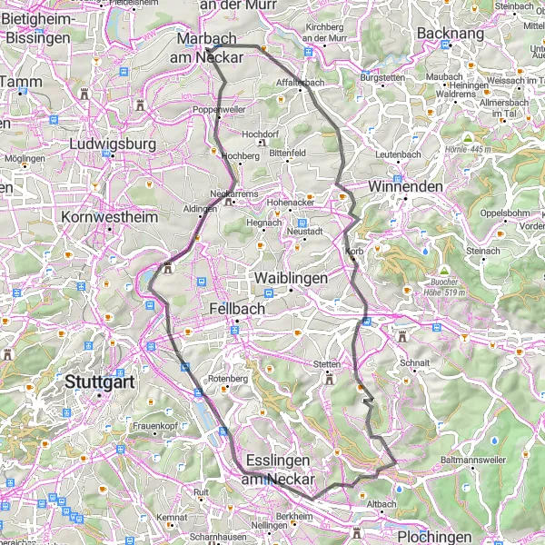 Map miniature of "Scenic Road Loop in the Neckar Valley" cycling inspiration in Stuttgart, Germany. Generated by Tarmacs.app cycling route planner