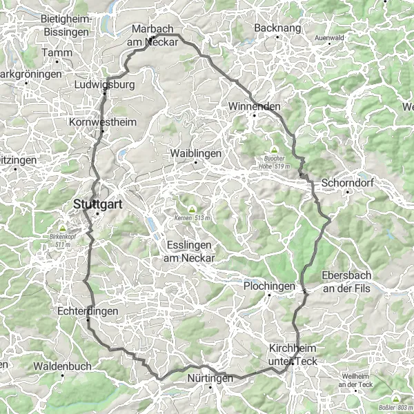 Map miniature of "The Epic Marbach am Neckar Loop" cycling inspiration in Stuttgart, Germany. Generated by Tarmacs.app cycling route planner