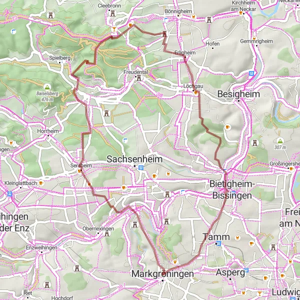 Map miniature of "Markgröningen Gravel Adventure" cycling inspiration in Stuttgart, Germany. Generated by Tarmacs.app cycling route planner