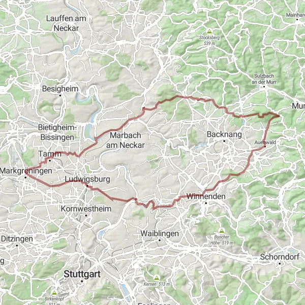 Map miniature of "Markgröningen Gravel Loop" cycling inspiration in Stuttgart, Germany. Generated by Tarmacs.app cycling route planner