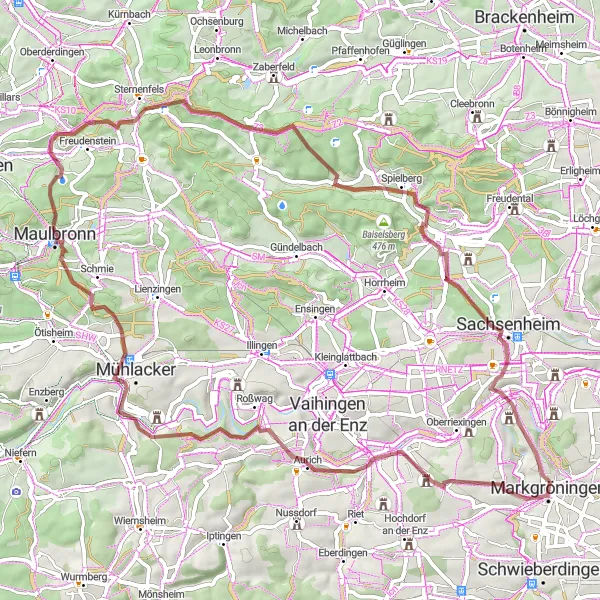 Map miniature of "Hidden Gravel Gems near Markgröningen" cycling inspiration in Stuttgart, Germany. Generated by Tarmacs.app cycling route planner