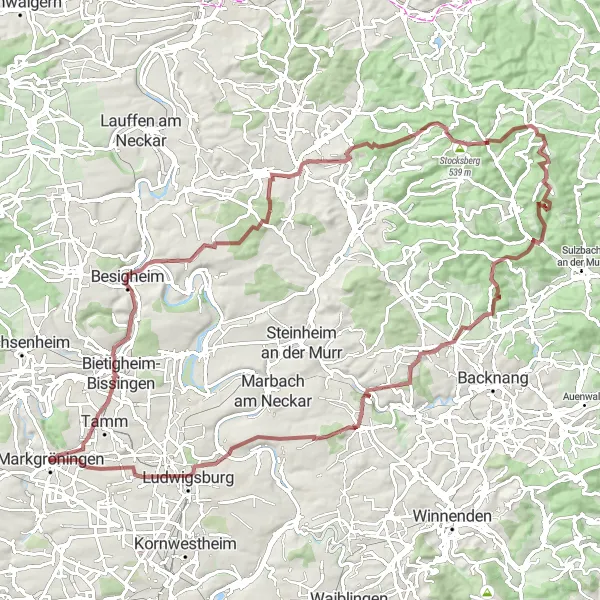 Map miniature of "Gravel Adventure: Markgröningen Loop" cycling inspiration in Stuttgart, Germany. Generated by Tarmacs.app cycling route planner