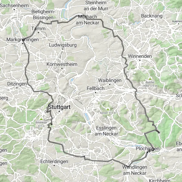 Karten-Miniaturansicht der Radinspiration "Langstreckentour durch Marbach" in Stuttgart, Germany. Erstellt vom Tarmacs.app-Routenplaner für Radtouren