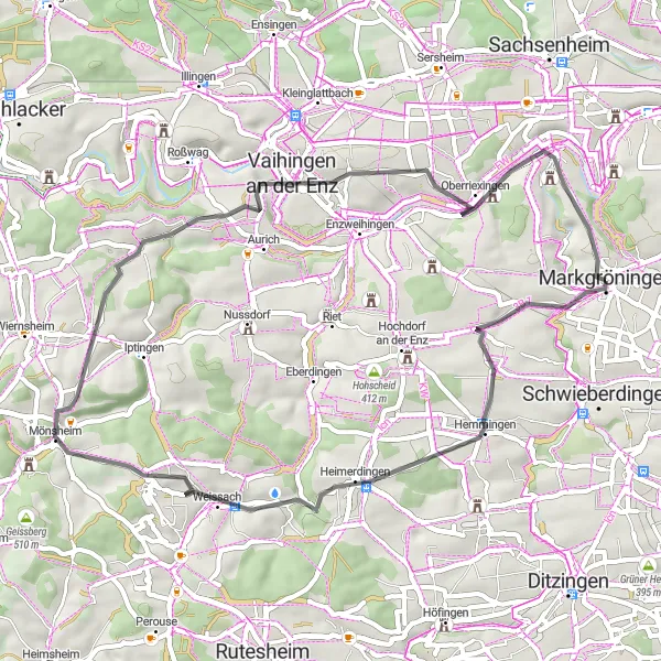 Map miniature of "Beautiful Landscapes and Charming Villages" cycling inspiration in Stuttgart, Germany. Generated by Tarmacs.app cycling route planner
