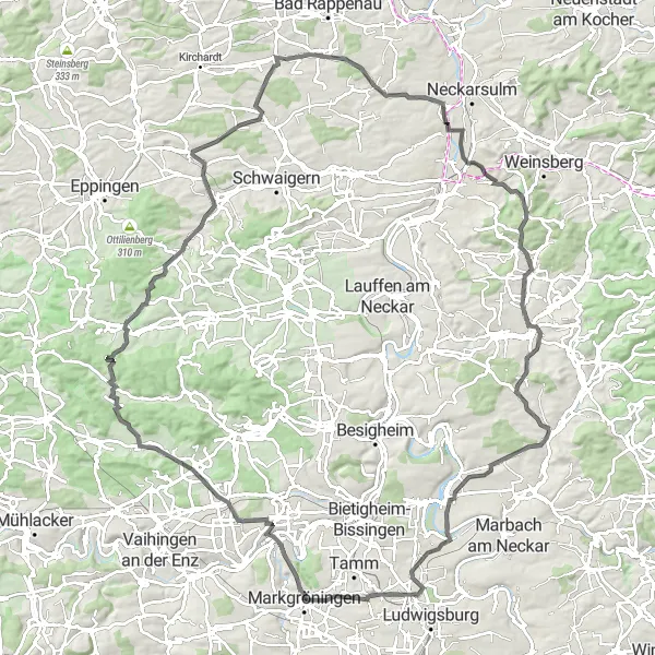 Map miniature of "Markgröningen Grand Tour" cycling inspiration in Stuttgart, Germany. Generated by Tarmacs.app cycling route planner