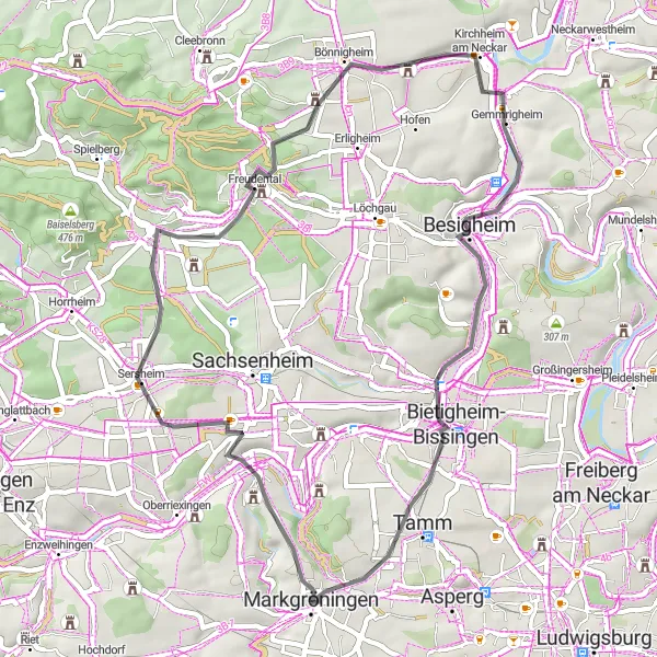 Map miniature of "Road Cycling around Markgröningen" cycling inspiration in Stuttgart, Germany. Generated by Tarmacs.app cycling route planner