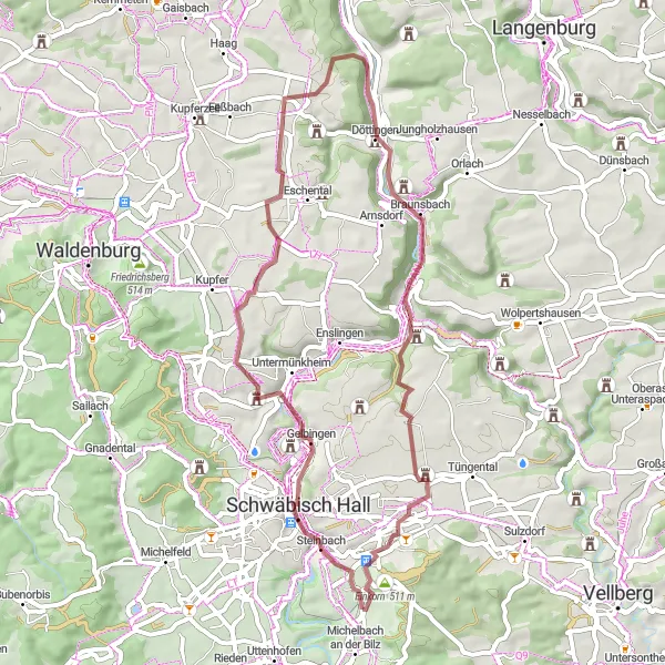 Karten-Miniaturansicht der Radinspiration "Gravel-Rundfahrt um Michelbach an der Bilz" in Stuttgart, Germany. Erstellt vom Tarmacs.app-Routenplaner für Radtouren