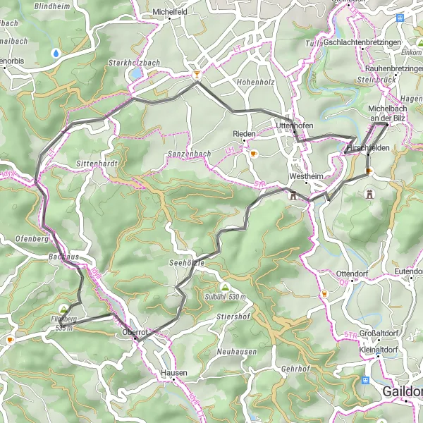 Karten-Miniaturansicht der Radinspiration "Panoramastraße durch Oberrot und Umgebung" in Stuttgart, Germany. Erstellt vom Tarmacs.app-Routenplaner für Radtouren