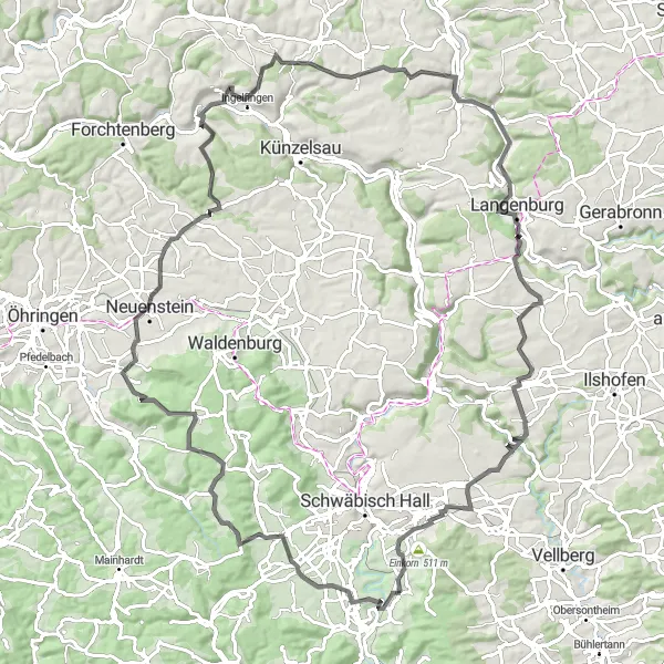 Karten-Miniaturansicht der Radinspiration "Historische Route von Michelbach an der Bilz nach Wolpertshausen" in Stuttgart, Germany. Erstellt vom Tarmacs.app-Routenplaner für Radtouren