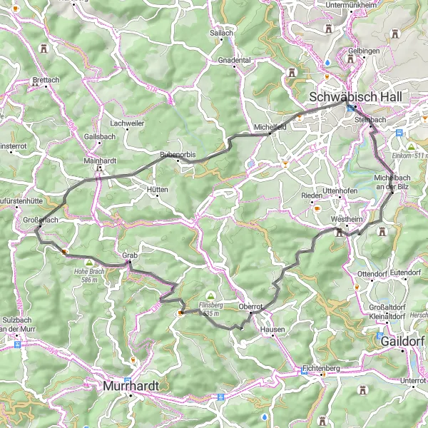 Karten-Miniaturansicht der Radinspiration "Michelbach-Michelfeld Runde" in Stuttgart, Germany. Erstellt vom Tarmacs.app-Routenplaner für Radtouren