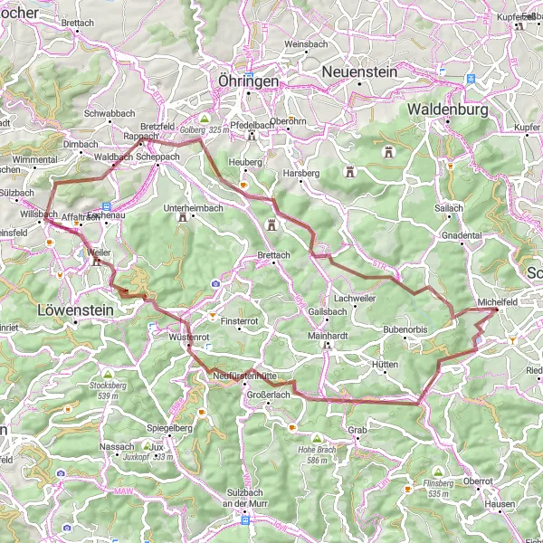 Karten-Miniaturansicht der Radinspiration "Gravel-Abenteuer um Michelfeld" in Stuttgart, Germany. Erstellt vom Tarmacs.app-Routenplaner für Radtouren