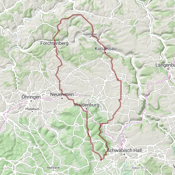 Karten-Miniaturansicht der Radinspiration "Herausfordernde Gravel-Tour nach Waldenburg" in Stuttgart, Germany. Erstellt vom Tarmacs.app-Routenplaner für Radtouren