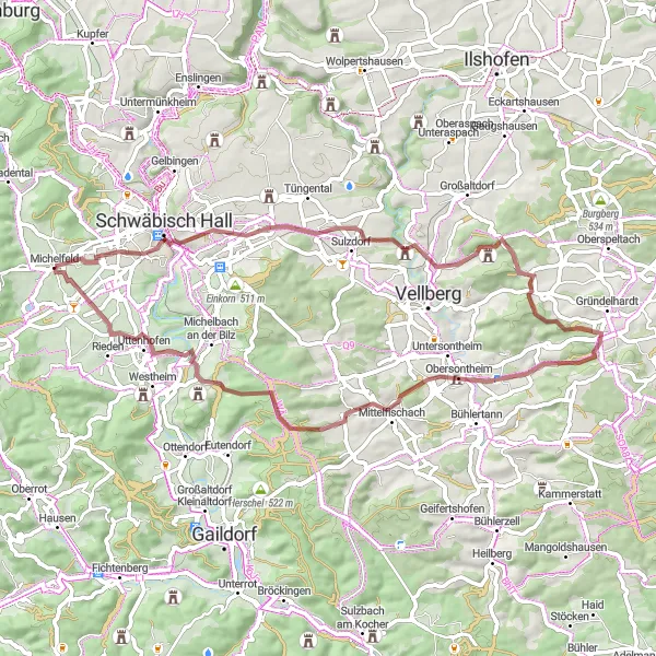 Karten-Miniaturansicht der Radinspiration "Rundtour um Schwäbisch Hall" in Stuttgart, Germany. Erstellt vom Tarmacs.app-Routenplaner für Radtouren