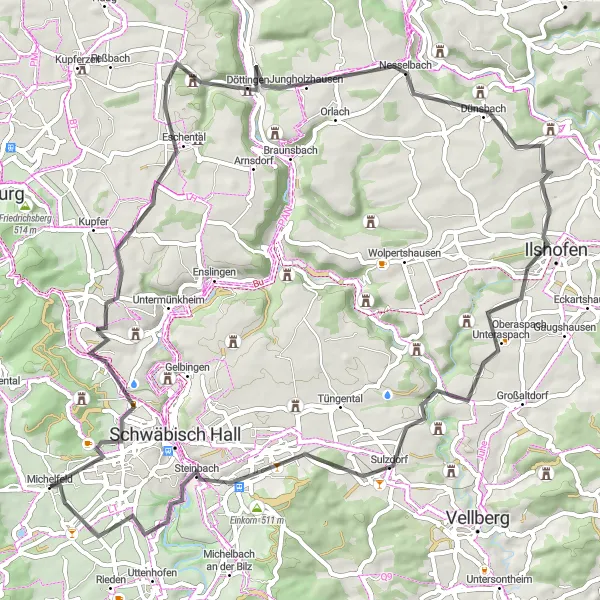 Karten-Miniaturansicht der Radinspiration "Hügelige Straßen von Michelfeld" in Stuttgart, Germany. Erstellt vom Tarmacs.app-Routenplaner für Radtouren