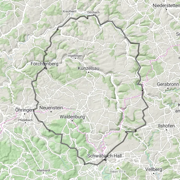 Karten-Miniaturansicht der Radinspiration "Die Hohenlohe Runde" in Stuttgart, Germany. Erstellt vom Tarmacs.app-Routenplaner für Radtouren